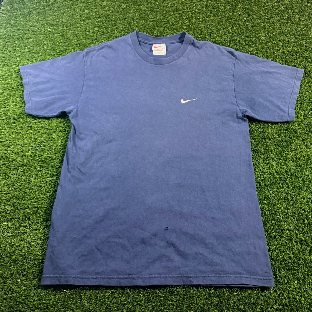 Vintage 90s Nike Embroidered Mini Swoosh T-Shirt Navy Blue Men Medium USA Made